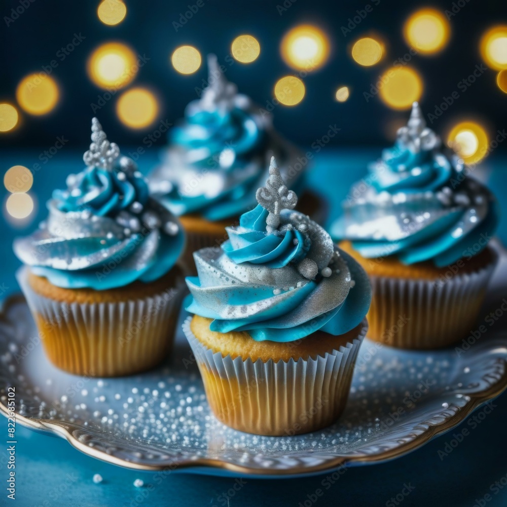 A plate of cupcakes with a blue and silver frosting and sprinkles. The cupcakes are arranged in a row and are placed on a white plate A plate of cupcakes with a blue and silver frosting and sprinkles. The cupcakes are arranged in a row and are placed on a white plate