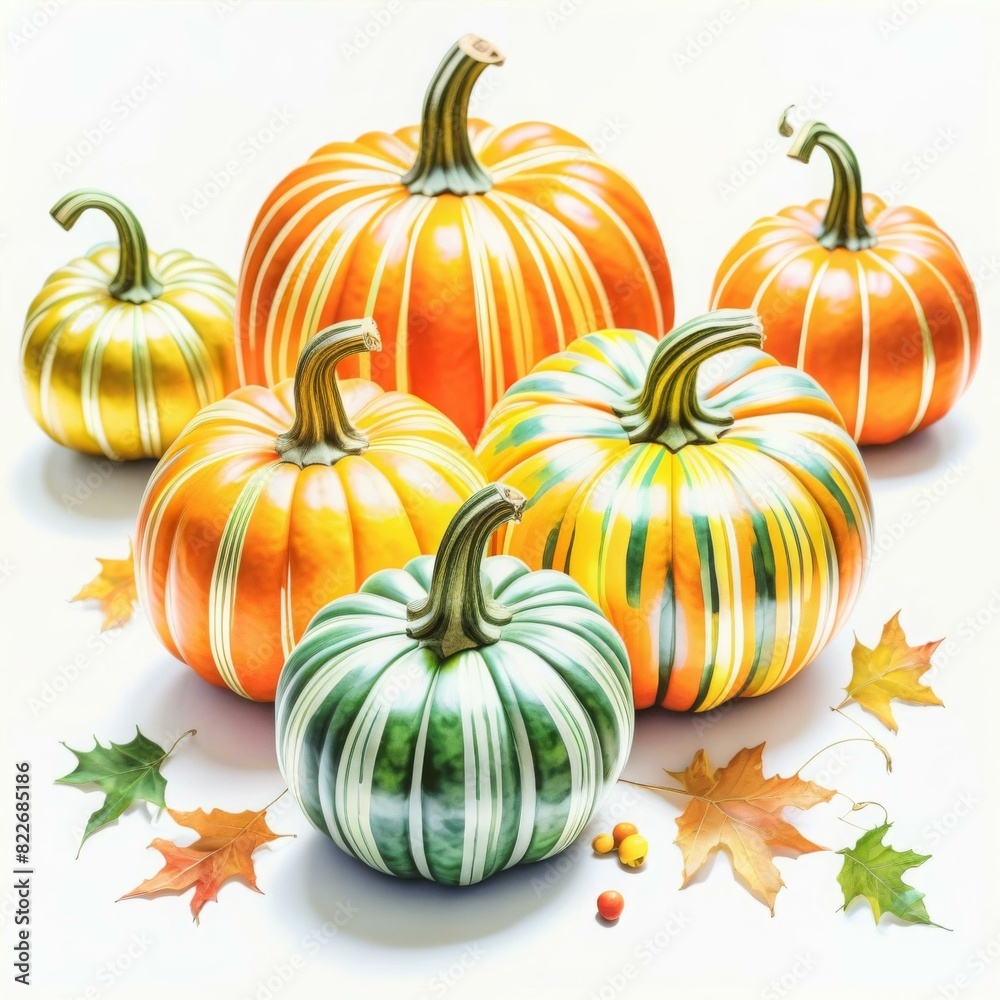 Four pumpkins with different colors and stripes.