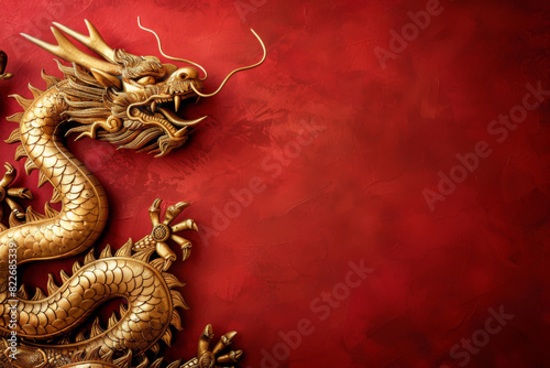 Exquisite golden chinese dragon sculpture on a textured red background symbolizing luck and power in traditional chinese culture