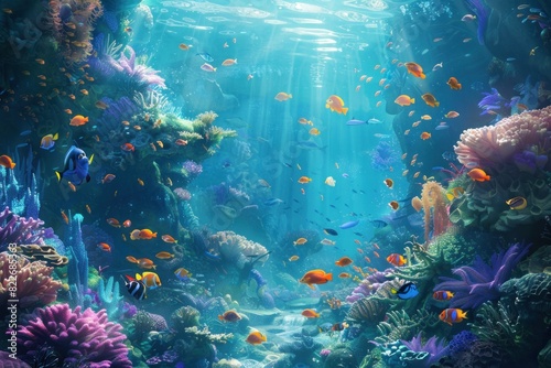 A colorful coral reef with a variety of fish swimming around. The fish are orange and yellow, and the water is clear and blue. The scene is peaceful and serene, with the sun shining down on the reef