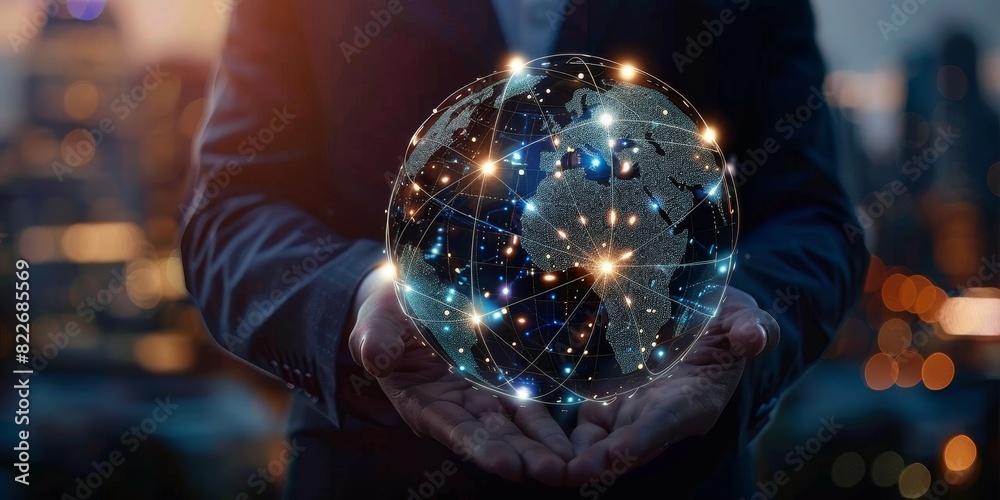 Fototapeta premium Businessman hold global business globe with network connected to digital marketing strategy and creative solution. Business development technology to support creativity idea