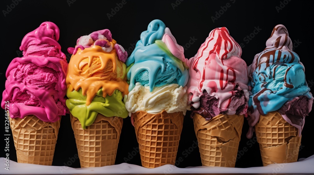Five Colorful Ice Cream Cones with Different Flavors and Toppings on a Black Background