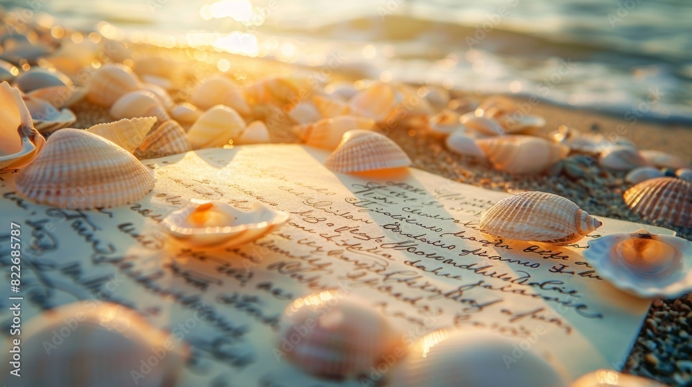 Fototapeta premium The setting sun casts a warm glow on a journal page filled with elegant cursive surrounded by tered shells and pebbles.