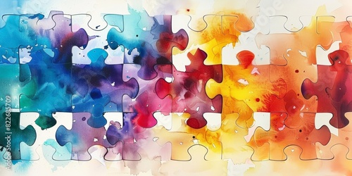 Interlocking puzzle pieces with a watercolor texture, symbolizing connection and diversity in a colorful, 