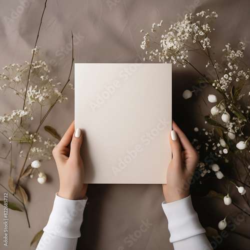 woman's hand holding blank white paper or A4 sized blank mockup with a floral background photo