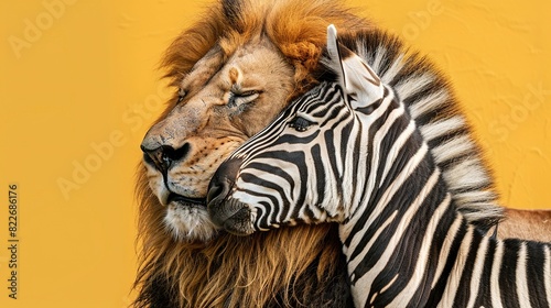 lion king smiling looking at camera and hugs his friends zebra and elephant on yellow background with copy space. concept of conservation wild African animals. welcome to africa cheerful fun banner