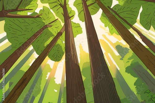 Cartoon Sunlight filtering through lush green forest canopy, tall trees from below, vibrant nature scene, serene woodland view, tranquil atmosphere photo