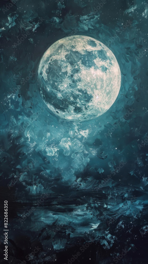 Painting of a full moon with clouds and stars in the sky