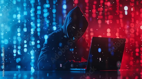 A hacker in a black hoodie with a laptop working on computer network security and cyber attack concepts, the hacker sitting at a table coding with a digital background of binary numbers.