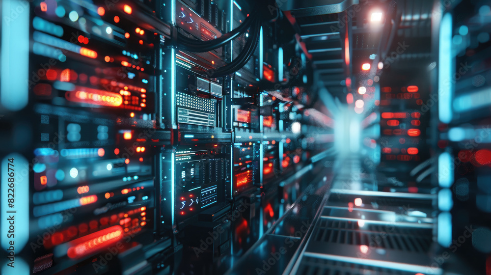 Computer servers in modern big data center, room for information storage, ai datacenter equipment. Theme of cloud, supercomputer, network, cyber technology Computer servers in modern big data center, room for information storage, ai datacenter equipment. Theme of cloud, supercomputer, network, cyber technology
