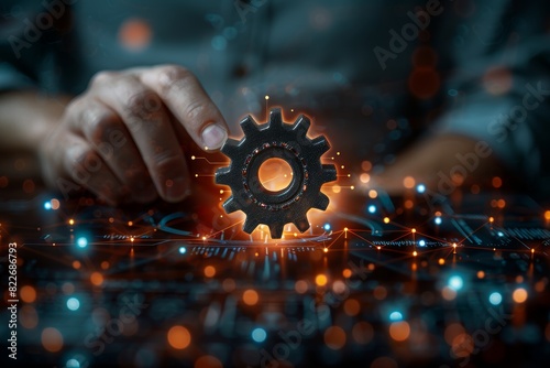Hand interacting with a digital interface displaying interconnected gears, representing the advanced technology and innovation in modern engineering and cyber systems, Generative AI