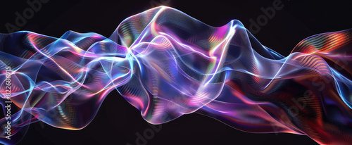 Nano material abstract background, waves of futuristic fabric, iridescent cloth with data lights in future. Theme of tech, ai technology, nanotechnology, structure