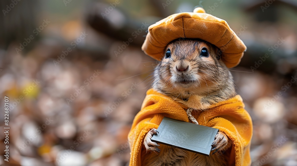 Obraz premium A cute squirrel wearing a beret and cloak holds a blank sign in a forest setting.