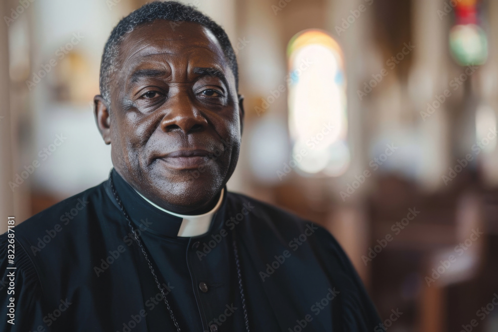 Obraz premium Dignified priest with a gentle expression stands in a sunlit church, exuding a sense of peace and deep spirituality