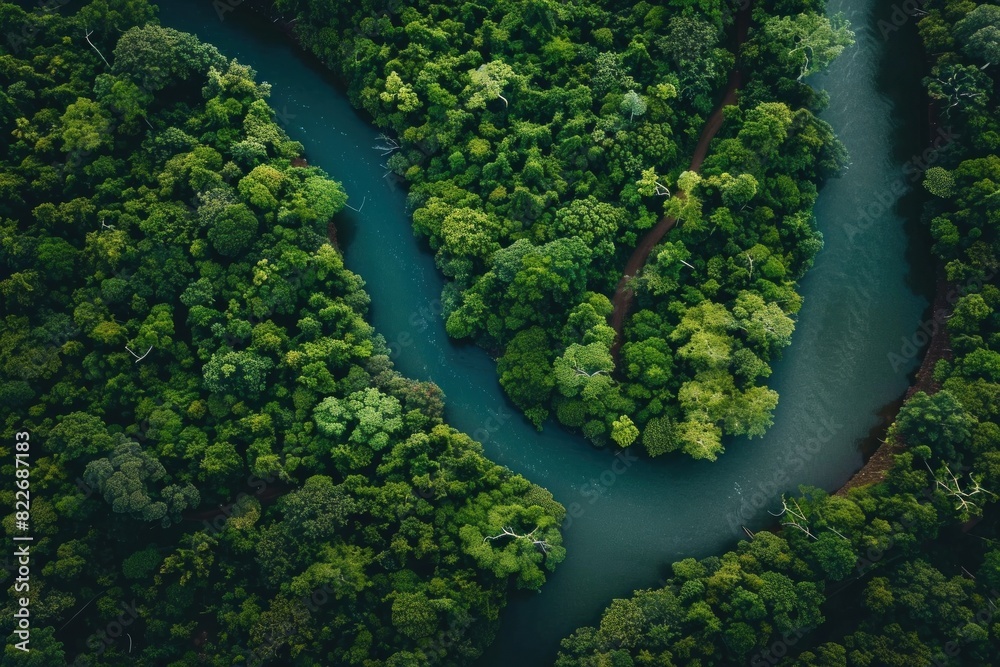 A lush green forest with a river running through it A lush green forest with a river running through it