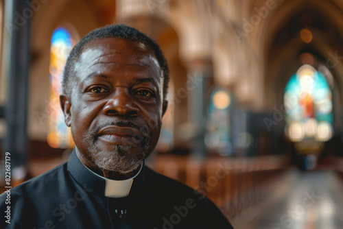 Compassionate african priest smiles gently, standing in a serene church with colorful stained glass windows casting a sacred glow photo