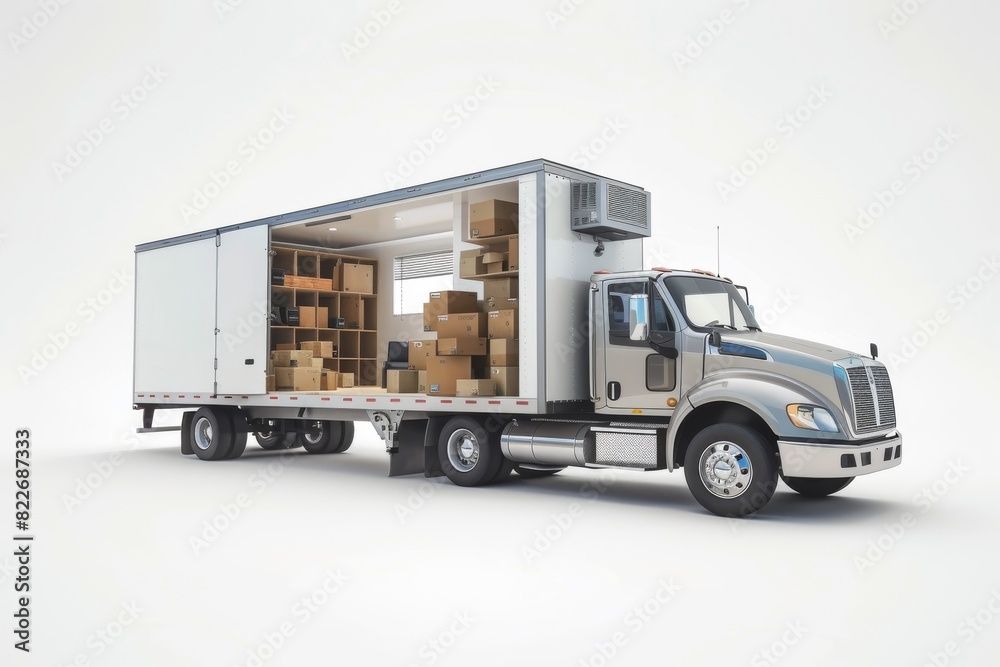 Modern interior with delivery boxes in an empty room, illustrating efficient logistics and moving services in a spacious residential setting Modern interior with delivery boxes in an empty room, illustrating efficient logistics and moving services in a spacious residential setting