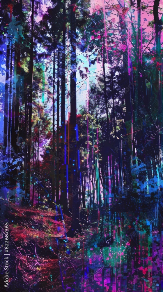 Painting of a forest with trees and a person walking through it, Glitch effect background 