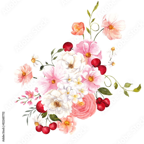 Watercolor bouquet with hand draw summer flowers, leaves and berry, garden floral, raspberry, strawberry, cherry, currant, isolated on transparent background, PNG files