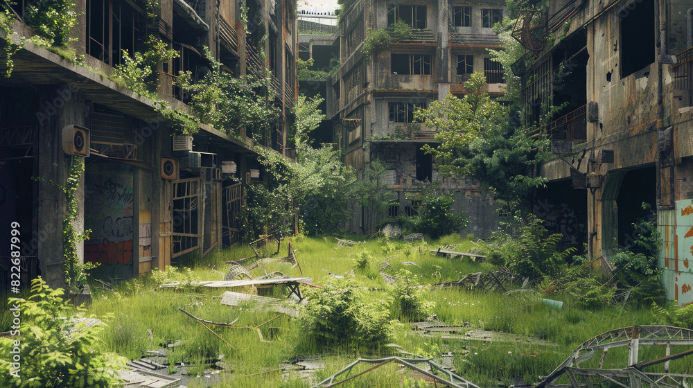 City many years after end of world, abandoned buildings overgrown with grass and green plants. Theme of post apocalypse, war, future, jungle, dystopia,