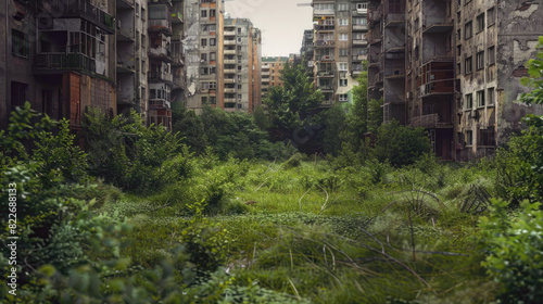 City many years after end of world, abandoned buildings overgrown with grass and green plants. Theme of post apocalypse, war, future, destroy, fantasy.