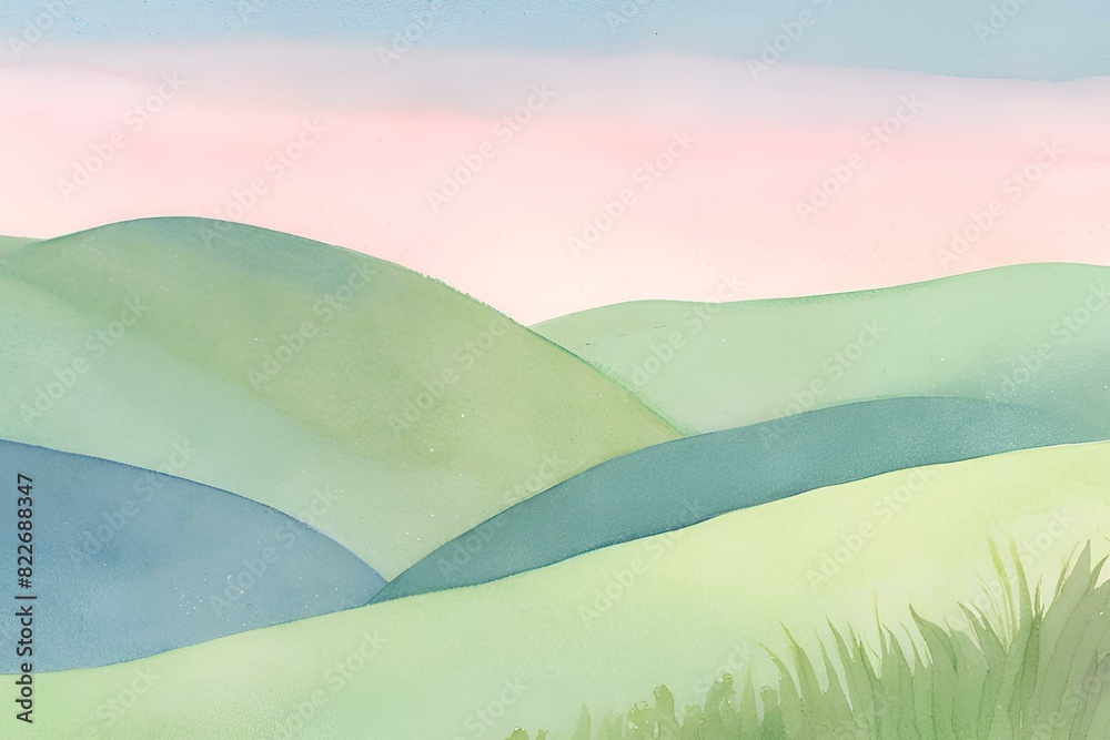 Obraz premium Watercolor landscape of rolling hills, pastel colors, serene nature scene, green and blue hues, tranquil horizon, peaceful artwork, scenic view