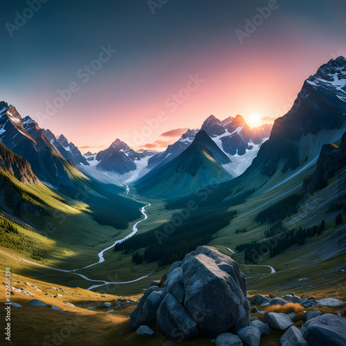 Amazing landscape with mountains and lake, clouds reflection, fresh wind, travel template, hiking hike, nature top view, panoramic, clear blue sky, summer spring, green hills, sunset sunrise, wild