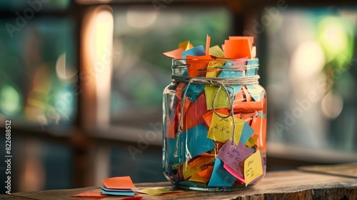 A picture of a gratitude jar filled with colorful slips of paper with daily blessings written on them. photo