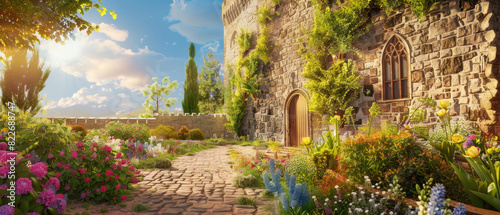 Medieval castle overgrown with ivy  sunny view of old house entrance  beautiful flowers and path in summer. Theme of nature  history  sky  wall  garden