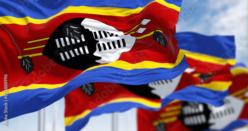 Close-up of Eswatini national flags waving a clear day photo