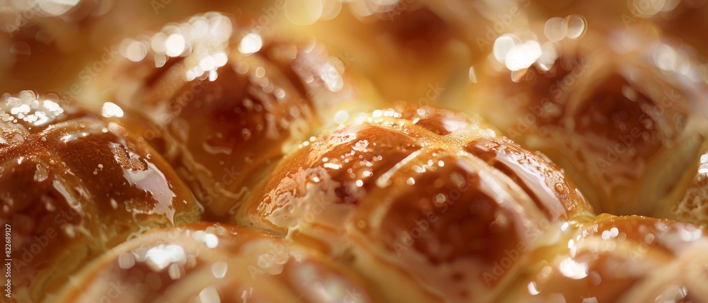 Macro food shot on the texture of baked hot cross buns. Copy space area for text. Background, banner, template, events card.