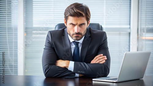 Businessman in suit sitting at desk, frowning and crossing arms, refusing to work, photo