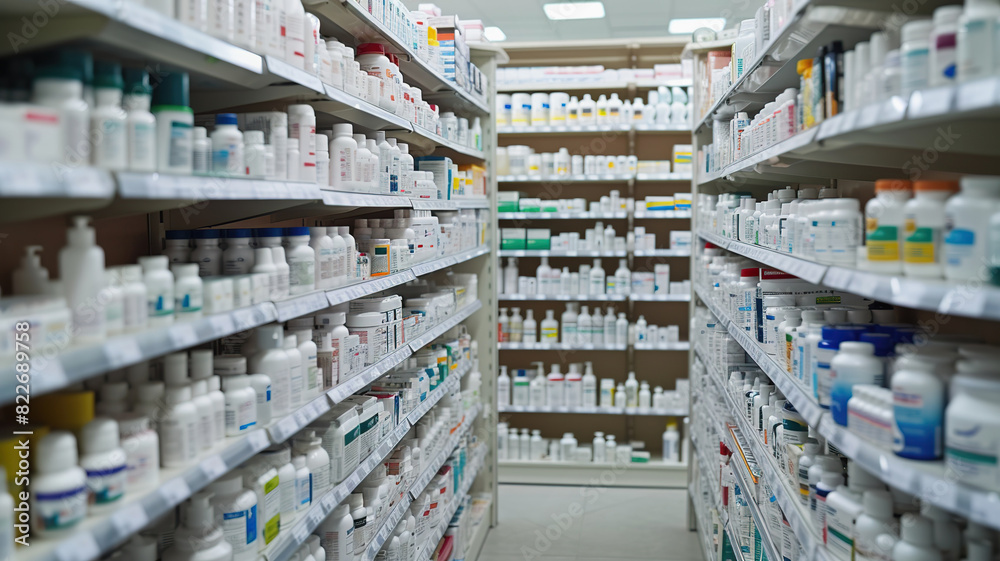 Pharmacy shelves neatly arranged with various medications