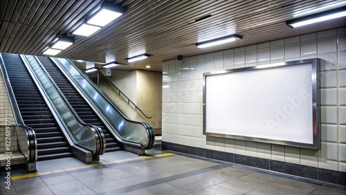 A large, blank white billboard hangs above an escalator in a dimly lit subway station, photo