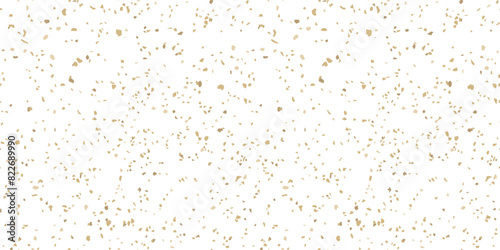 Gold and white terrazzo flooring texture. Vector seamless pattern with chaotic scattered golden confetti on transparent background. Luxury mosaic floor surface. Trendy design for decor, package, print