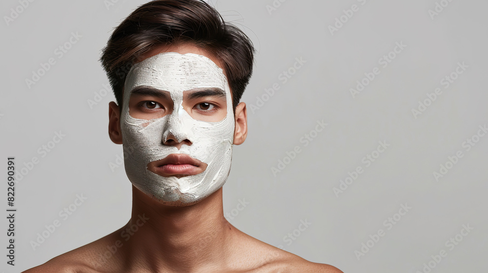 Young Asian man with facial clay mask on his face, studio background Young Asian man with facial clay mask on his face, studio background