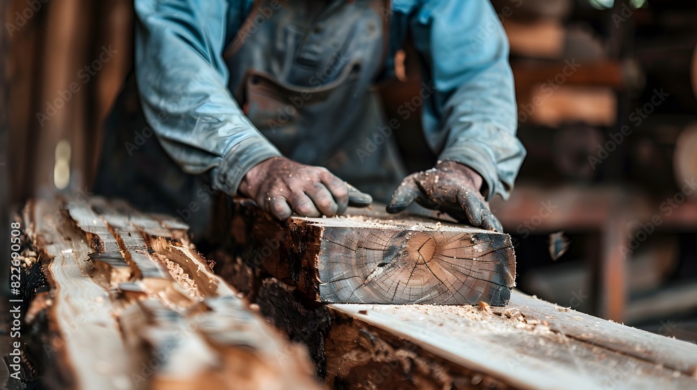A sawmill worker poster with copy space - Fictional Person, A sawmill worker poster with copy space - Fictional Person,