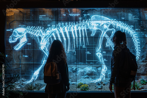 A high-tech exhibit in the Future Animal Museum showcasing holographic projections of biological skeletons from extinct animals, with immersive and interactive elements