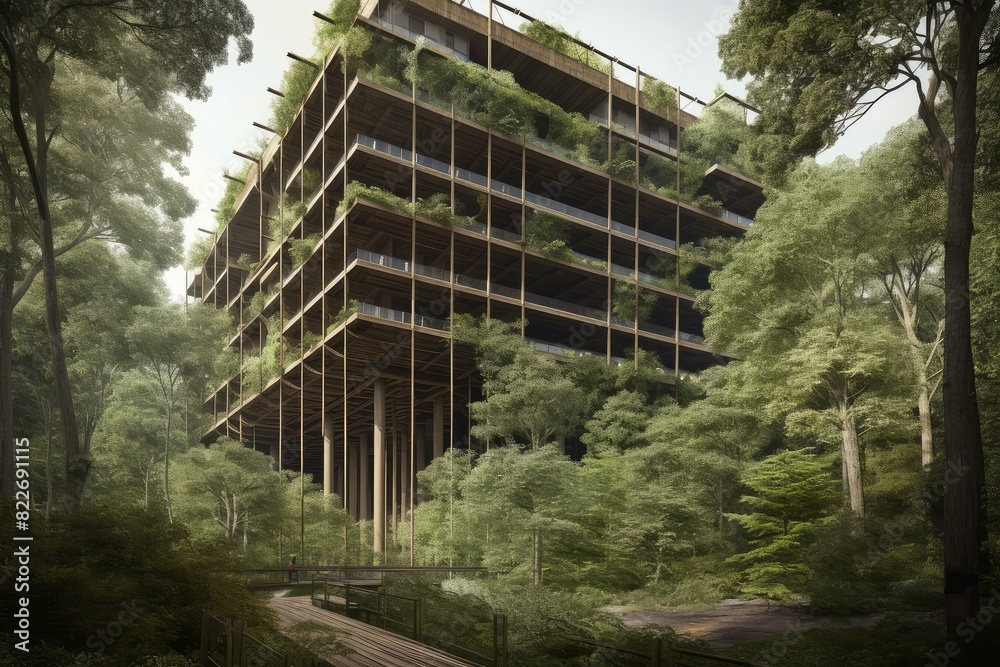 Modern, sustainable building with wooden features blends seamlessly into a verdant forest environment