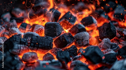 Intense heat radiates from glowing and flaming charcoal briquettes in a barbecue grill pit