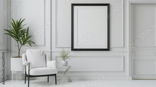 Contemporary white room with a black poster frame  accented by a stylish chair and a small indoor plant.