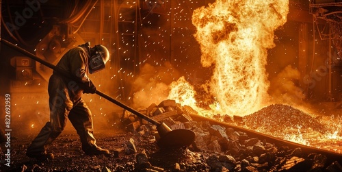 A furnace operator using a longhandled ladle to skim impurities off the surface of molten metal. photo