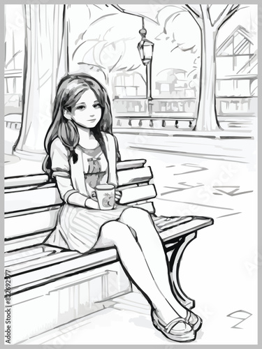 Black white and pink pencil sketches of a cute girl seated with coffee in vector illustration