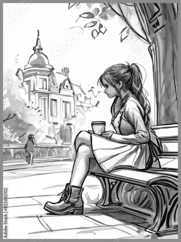 Black white and pink pencil sketches of a cute girl seated with coffee in vector illustration
