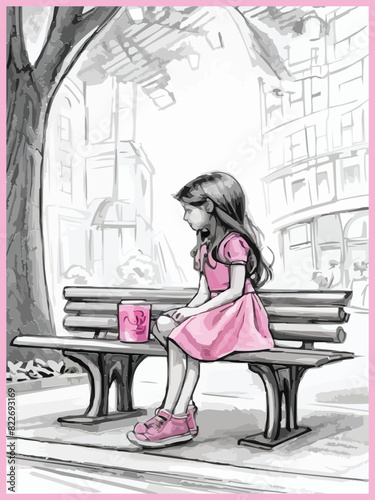 Black white and pink pencil sketches of a cute girl seated with coffee in vector illustration
