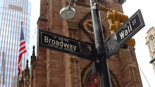 A Wall Street sign with an American flag in the background.