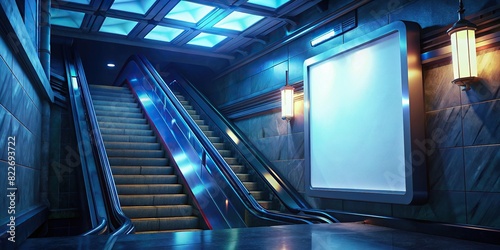 A close-up of a blank white billboard hanging above an escalator in a subway station, photo