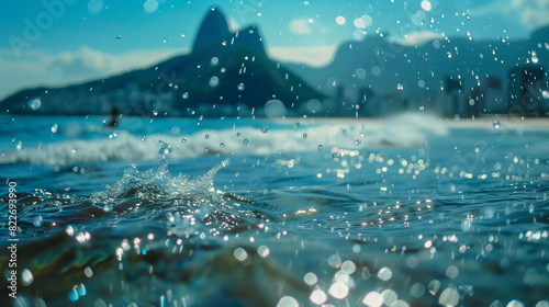 Wave at sea near beach. Background is coastal town. Holiday travel Rio De Janeiro