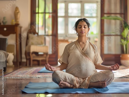Pregnant Indian Woman Meditating: Yoga, lotus position, indoor setting.
