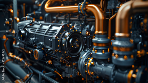 Close-up of a complex industrial machine featuring numerous copper pipes and mechanical components, showcasing engineering precision.
